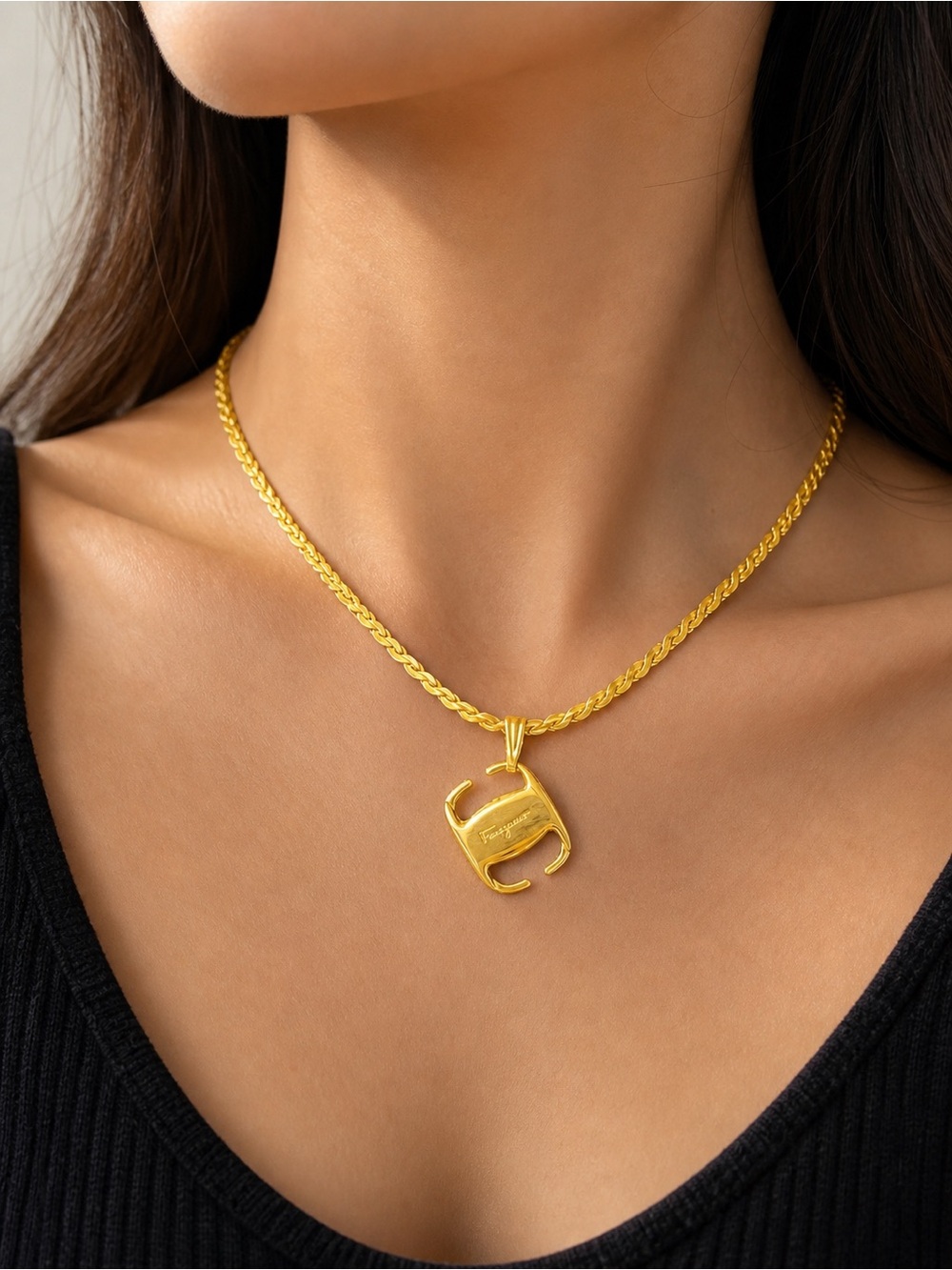 Upcycled Authentic Ferragamo Charm & Vintage Gold Plated Chain Necklace